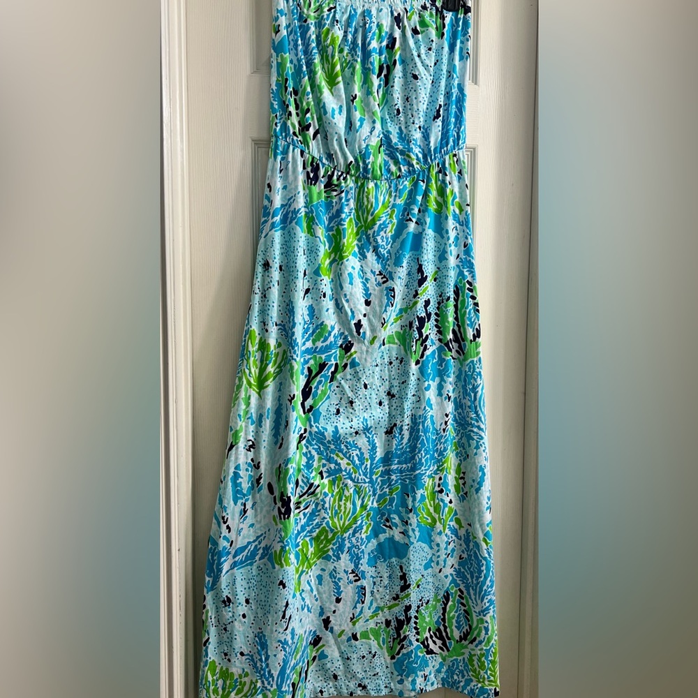 Lilly Pulitzer Strapless Dress in Blue and Green Malisa strapless maxi